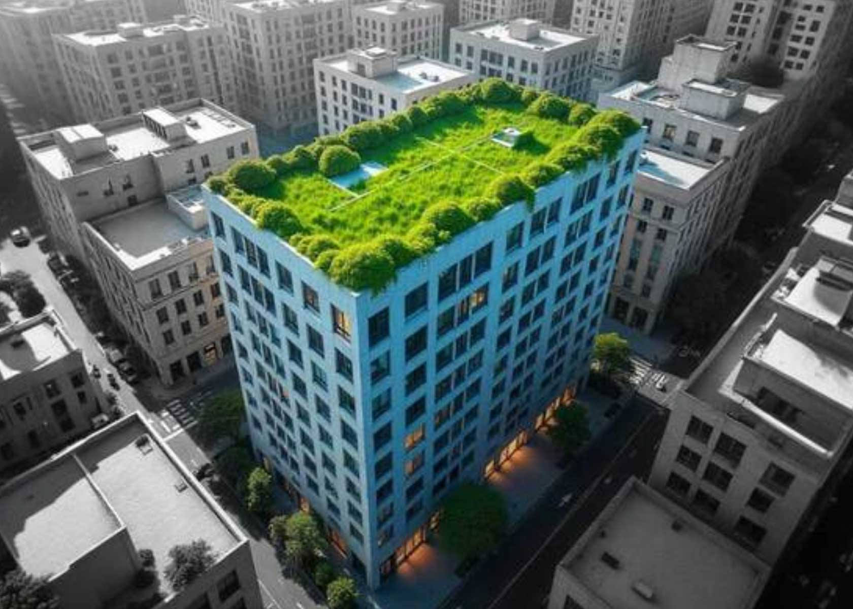 An image showing a green building with solar panels and all green construction materials shining through dull black and white buildings