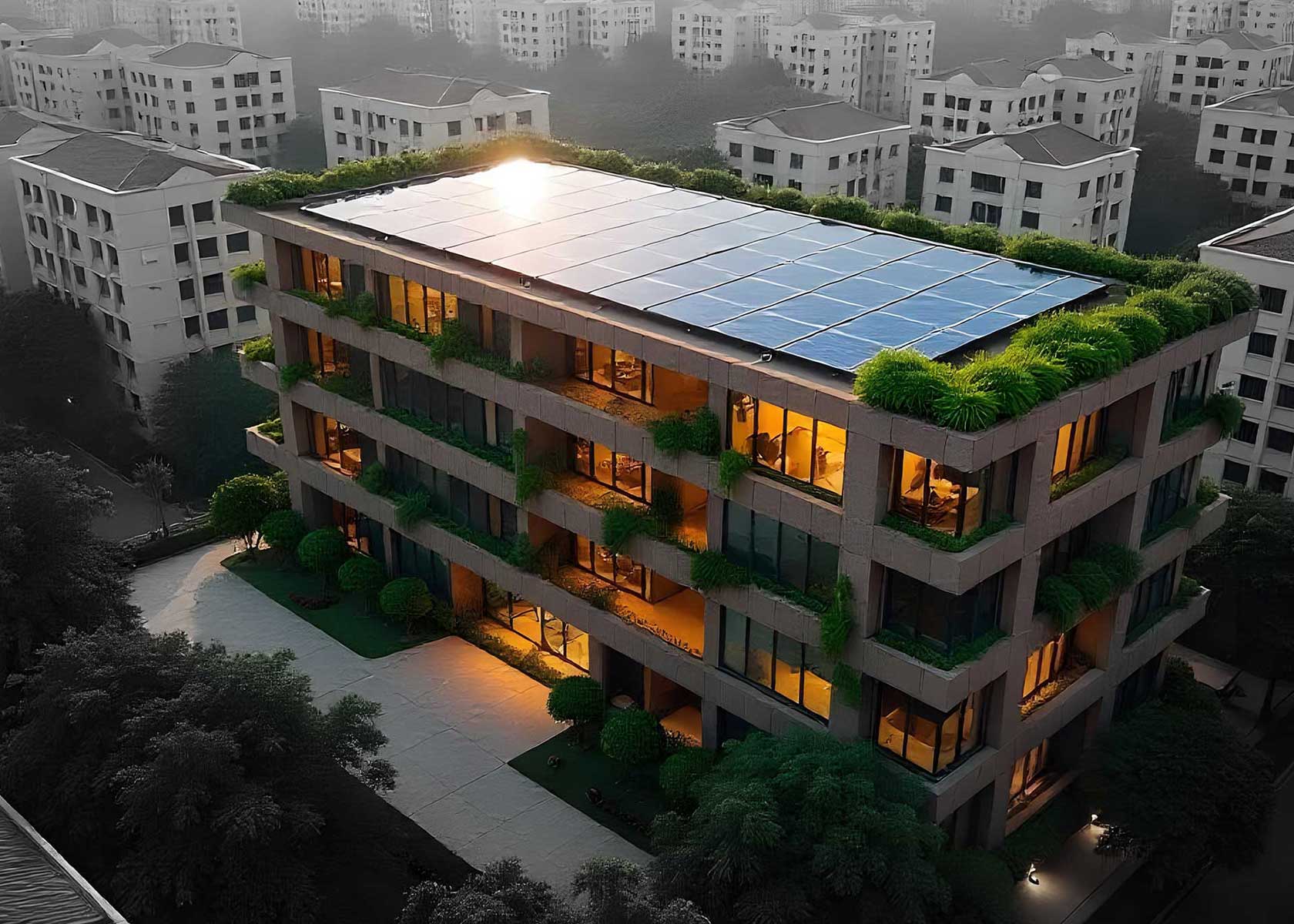 An image showing a green building with solar panels and all green construction materials shining through dull black and white buildings