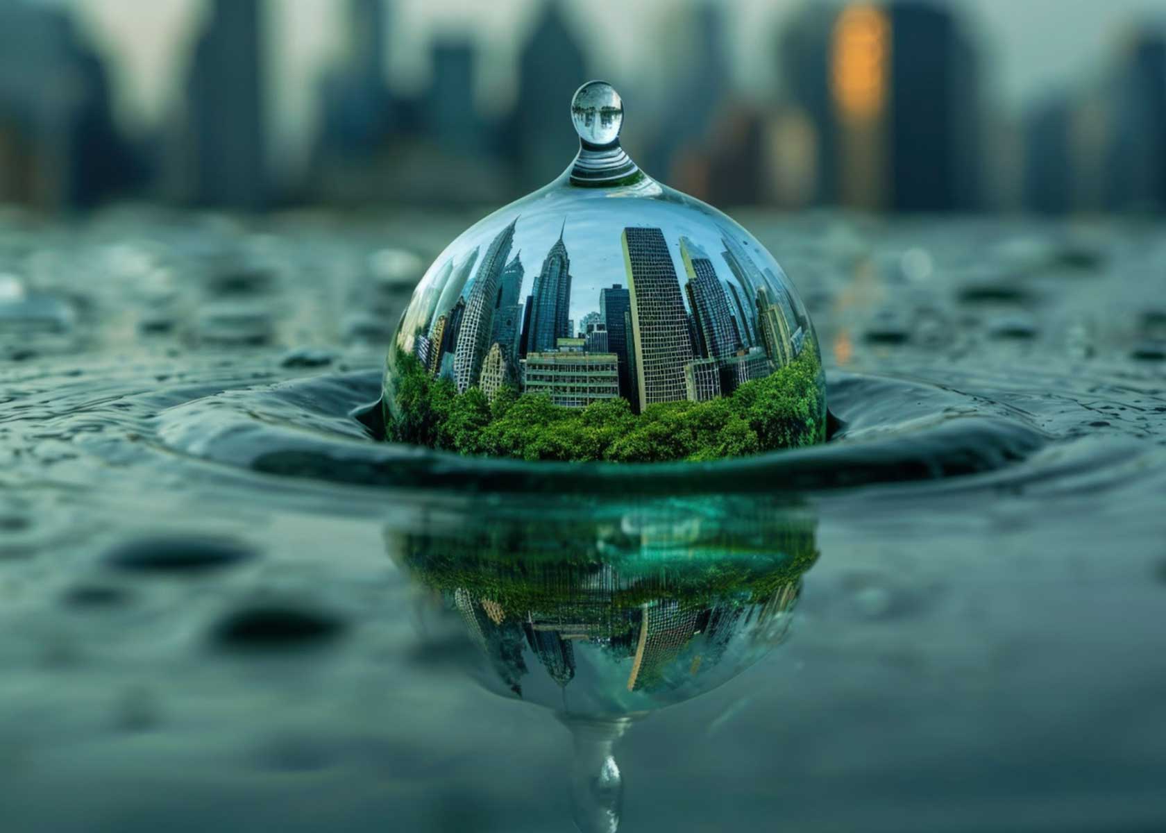An image displaying a water droplet within which it shows green building.