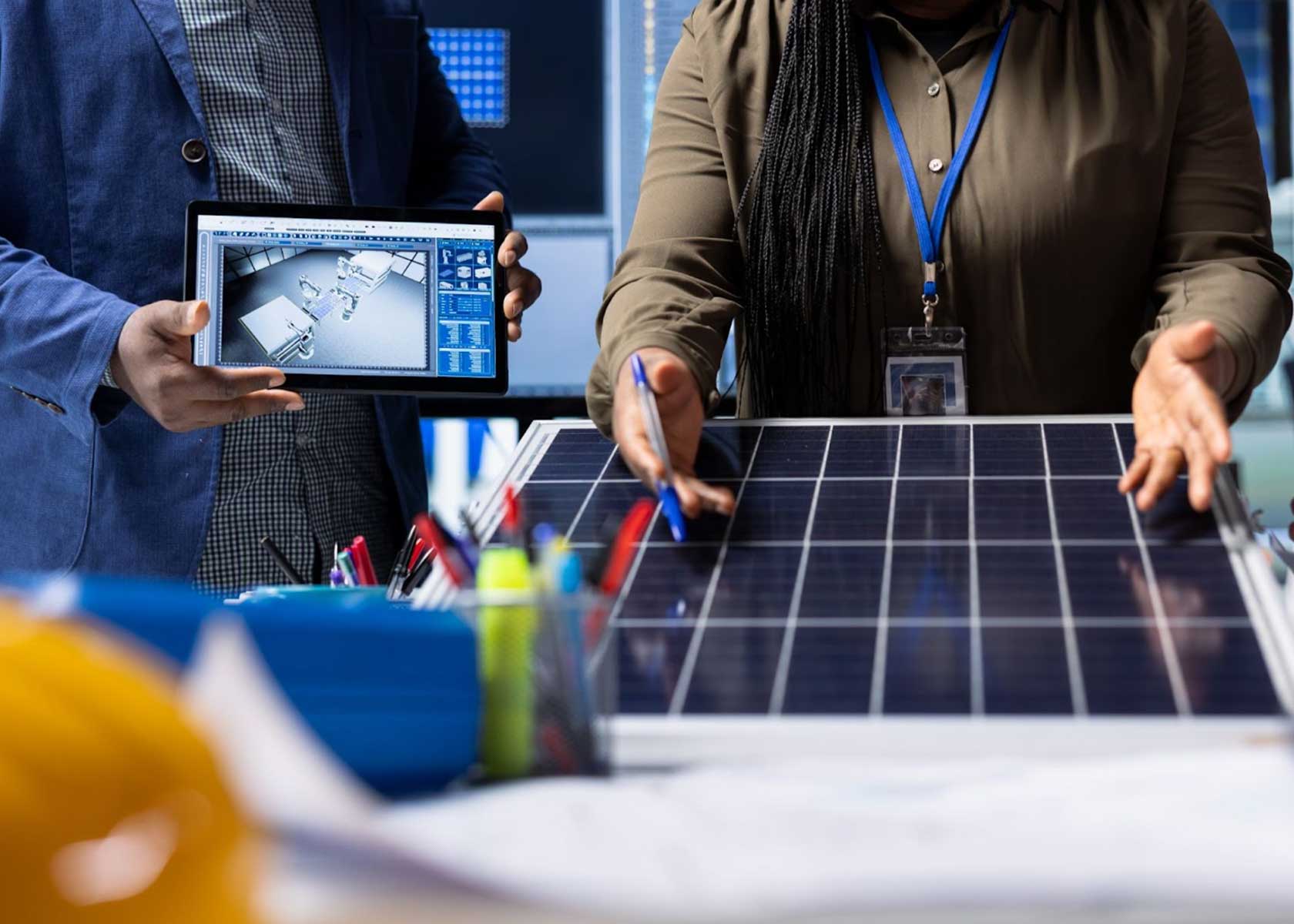 Engineers analyzing solar panel technology, with one person holding a tablet displaying a 3D building model and another pointing at a physical solar panel on the table, surrounded by office supplies and safety gear