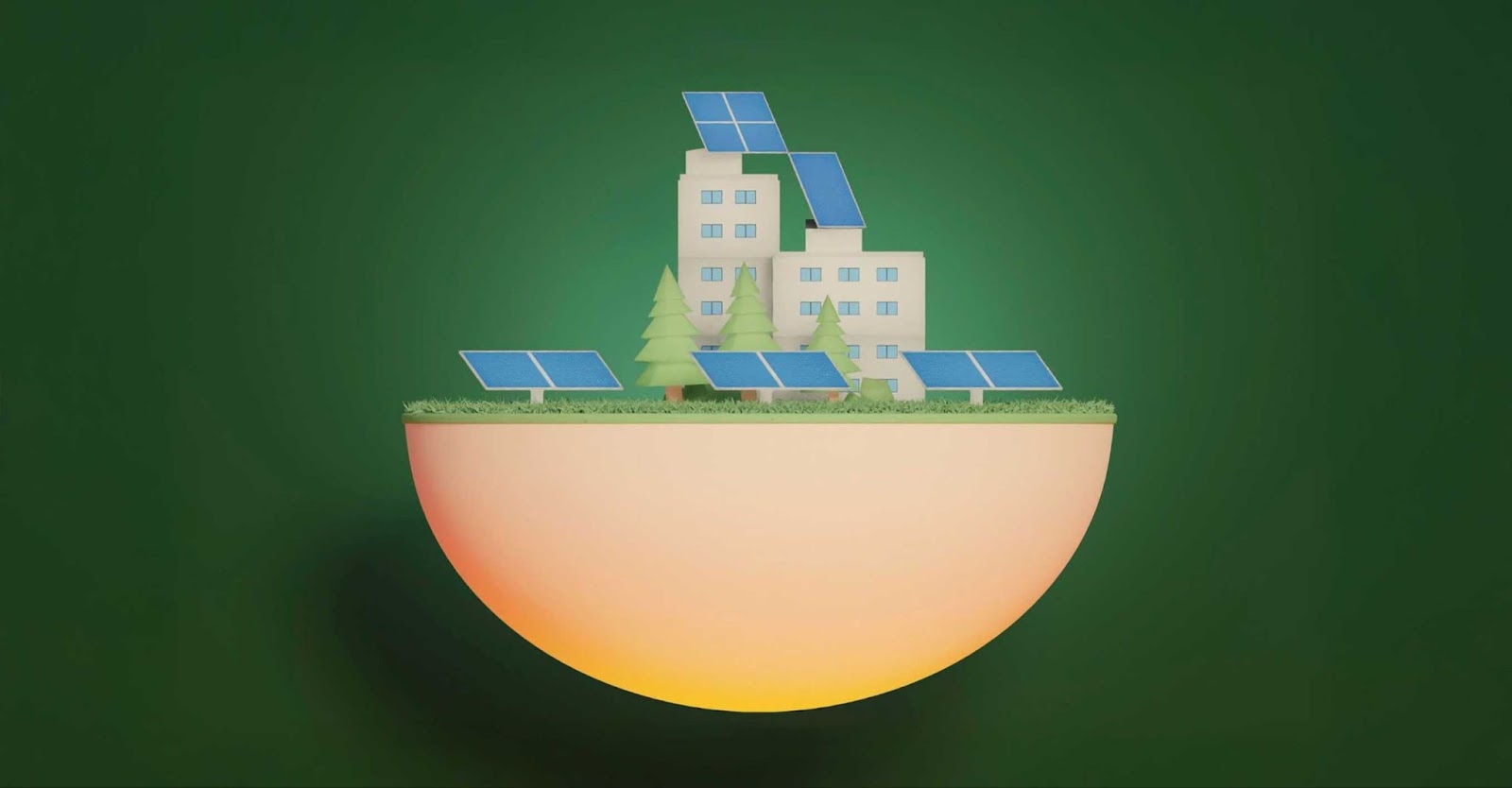  Illustration of a sustainable community concept showing residential buildings with solar panels and trees sitting on a cross-section of earth against a green background.