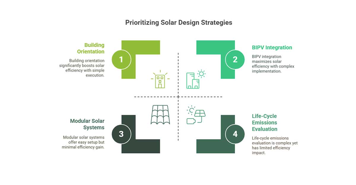 Infographic titled 'Prioritizing Solar Design Strategies' showing four numbered strategies in a circular layout: 1) Building Orientation (green), 2) BIPV Integration (teal), 3) Modular Solar Systems (dark green), and 4) Life-Cycle Emissions Evaluation (dark teal), each with brief descriptions and simple icons.