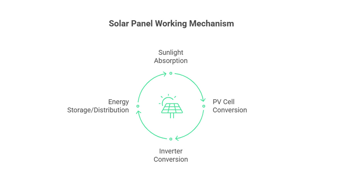 Diagram illustrating the solar panel working mechanism, showing a circular flow from Sunlight Absorption to PV Cell Conversion, Inverter Conversion, and Energy Storage/Distribution.