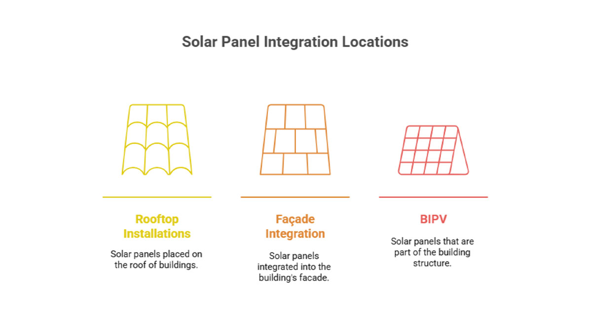 Graphic showing three types of solar panel integration in buildings: Rooftop Installations, Façade Integration, and BIPV (Building-Integrated Photovoltaics), each with a distinct icon and description.
