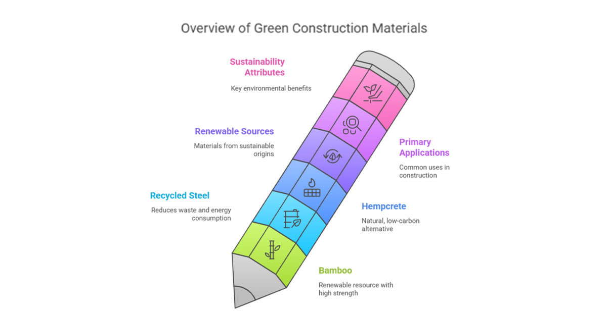 A visual grid with icons and labels for 6–8 popular green materials (e.g., bamboo, recycled steel, hempcrete), showing their source (renewable/recycled), primary application, and sustainability attribute (e.g., low carbon, biodegradable