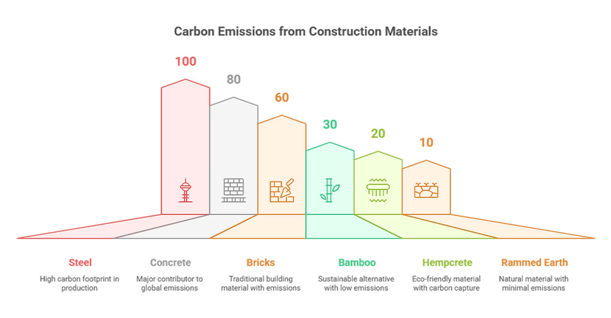 Bar chartBar chart showing carbon emissions of different construction materials: Steel (100), Concrete (80), Bricks (60), Bamboo (30), Hempcrete (20), Rammed Earth (10). showing carbon emissions of different construction materials: Steel (100), Concrete (80), Bricks (60), Bamboo (30), Hempcrete (20), Rammed Earth (10).