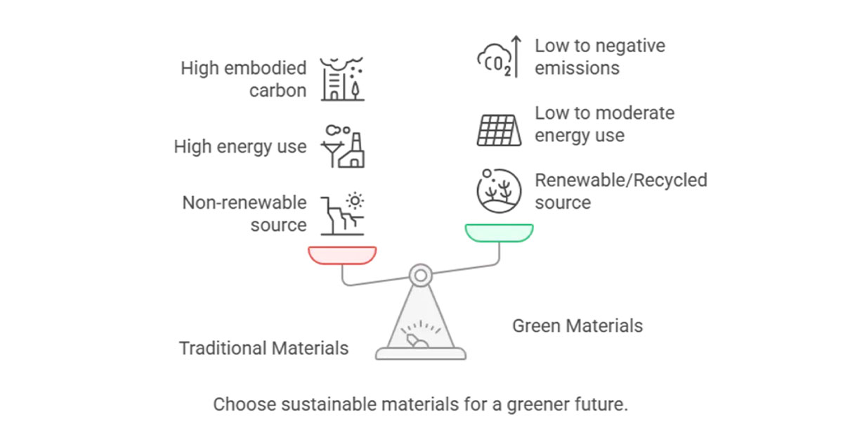 A scale compares traditional materials on the left, with high carbon, energy, and non-renewable use, to green materials on the right