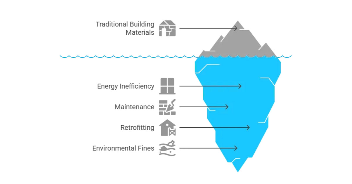 Iceberg diagram with gray top, blue bottom showing hidden costs of traditional building materials: Energy Inefficiency, Maintenance, Retrofitting, Environmental Fines