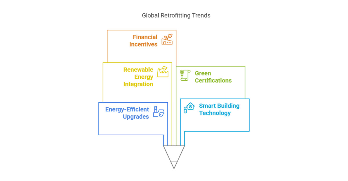 An infographic showing “Global Retrofitting Trends” such as energy efficiency upgrades, smart building technology, green certifications, renewable energy integration, financial incentives