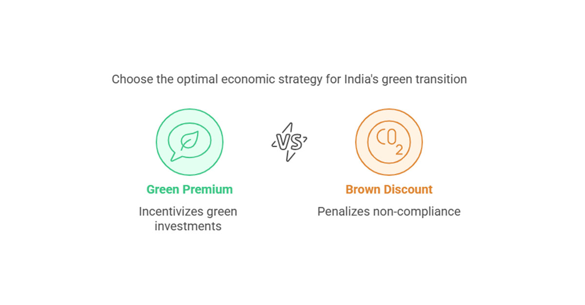 Infographic comparing two economic strategies for India's green transition: 'Green Premium' on the left, which incentivizes green investments, and 'Brown Discount' on the right, which penalizes non-compliance. A 'vs' symbol appears between the two options.