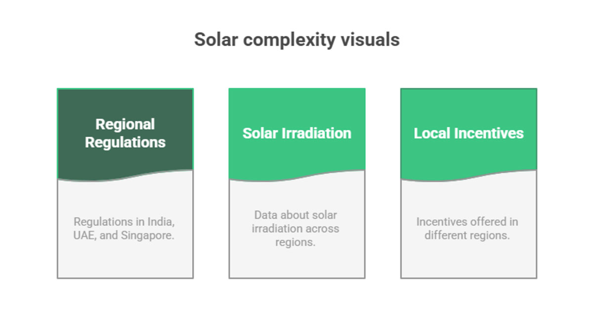 Three visual blocks under the title 'Solar complexity visuals' representing Regional Regulations, Solar Irradiation, and Local Incentives, each with brief descriptions of their respective topics.