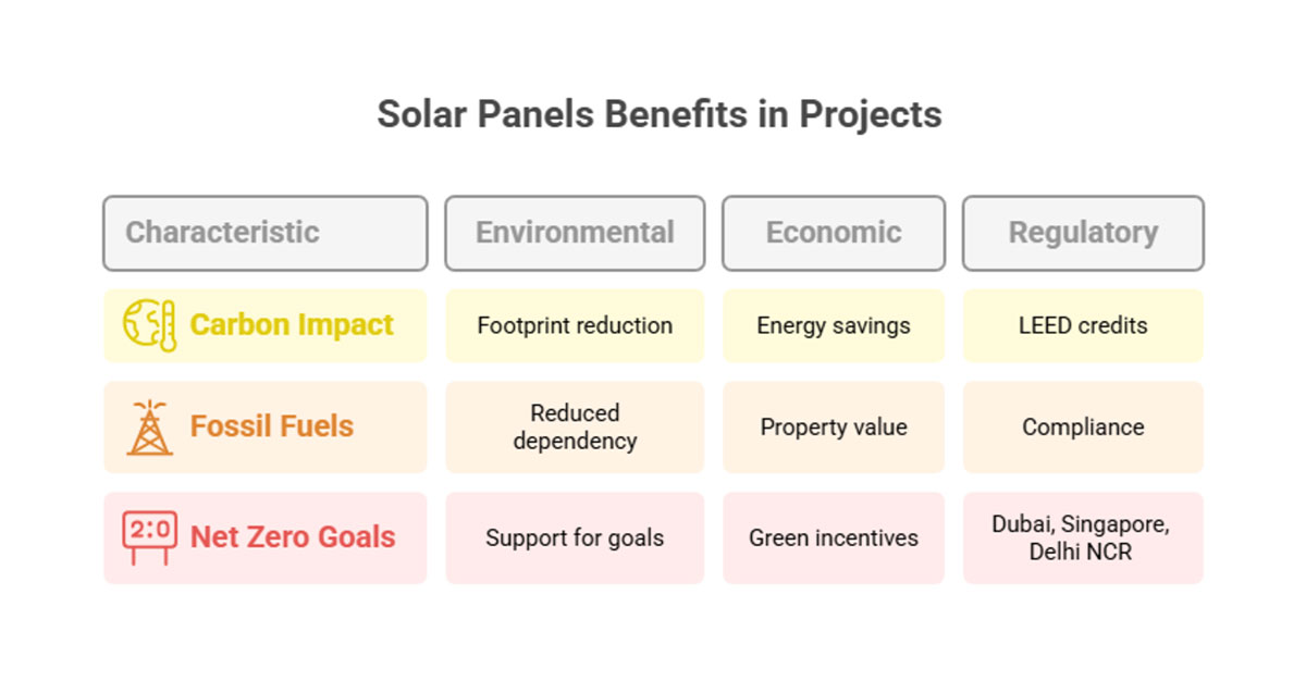 Chart illustrating solar panel benefits across four categories: Environmental (footprint reduction, reduced fossil fuel dependency, net zero support), Economic (energy savings, increased property value, green incentives), and Regulatory (LEED credits, compliance, regional goals in Dubai, Singapore, and Delhi NCR