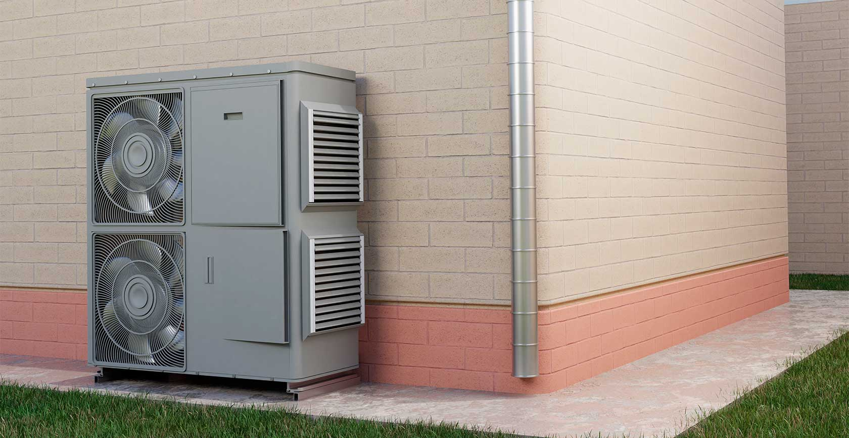 Row of six outdoor heat pump or air conditioning units mounted on a building wall for centralized cooling and heating.